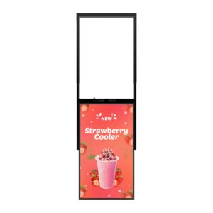 Versi indoor ceiling mounted display with arm mounting, showing cafe ad