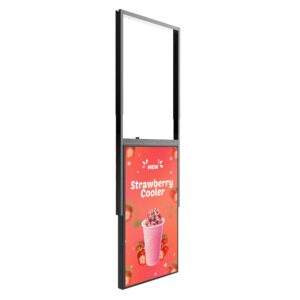 Versi indoor ceiling mounted display with arm mounting, showing cafe ad